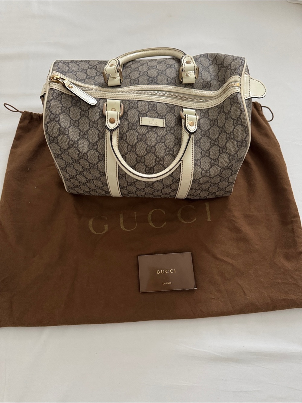 Gucci Taupe GG Supreme Travel Boston Bag with Cream Trim